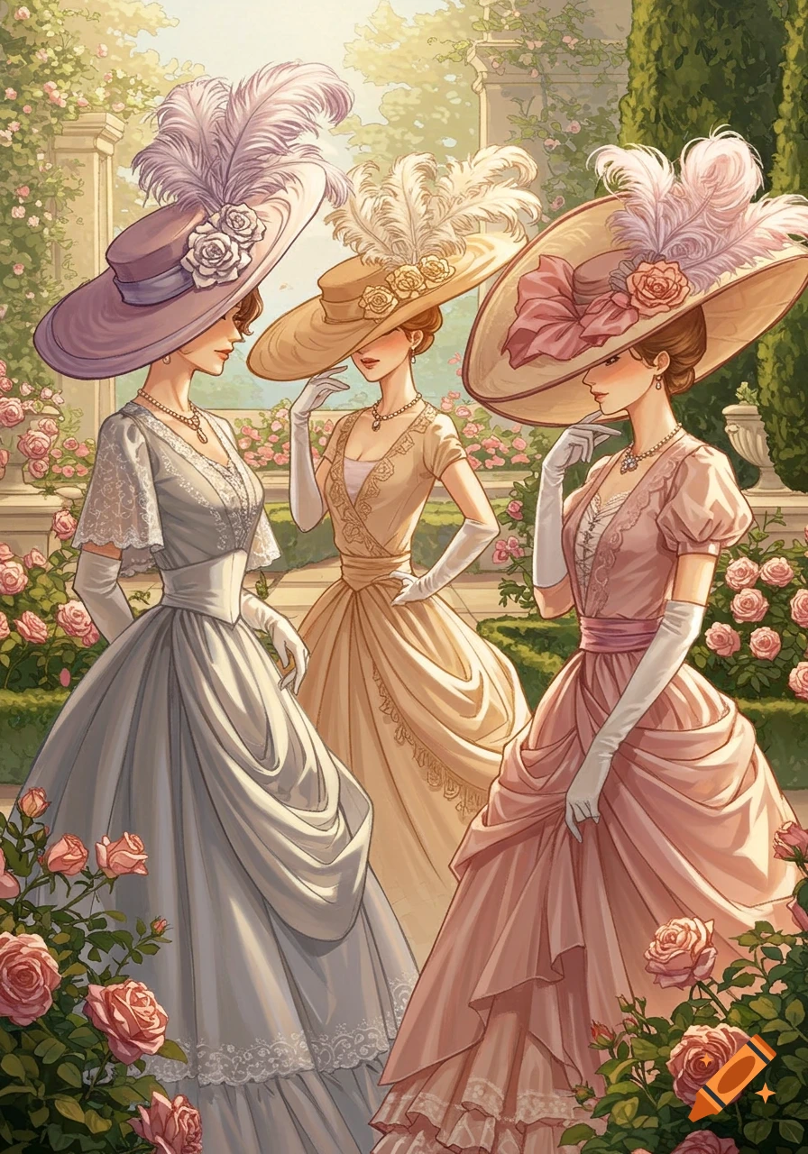 Three elegant women in wide-brimmed hats with feathers and elaborate dresses stand in a sunny rose garden.