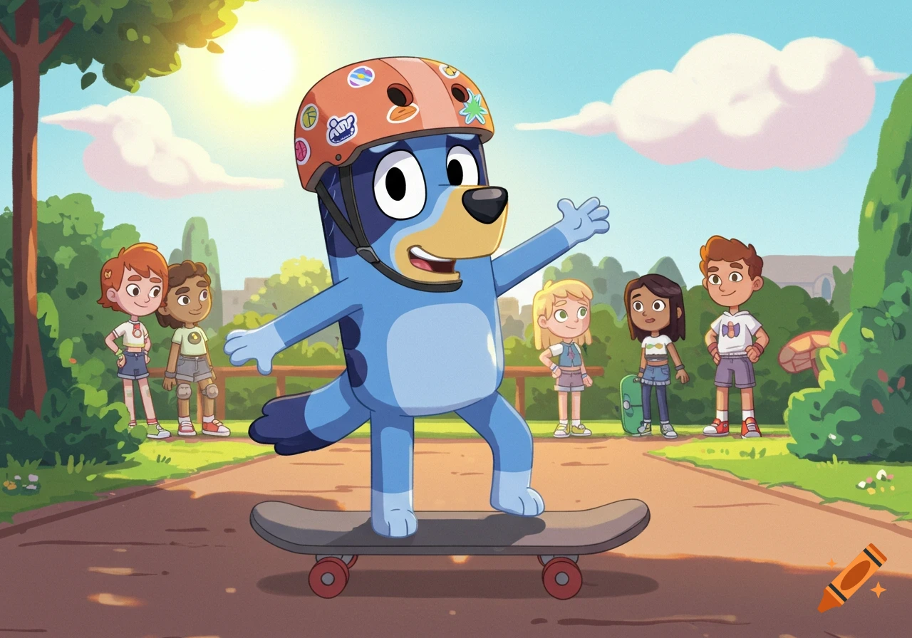 Cartoon blue dog character Bluey in a helmet stands on a skateboard in a sunny park with other children watching.