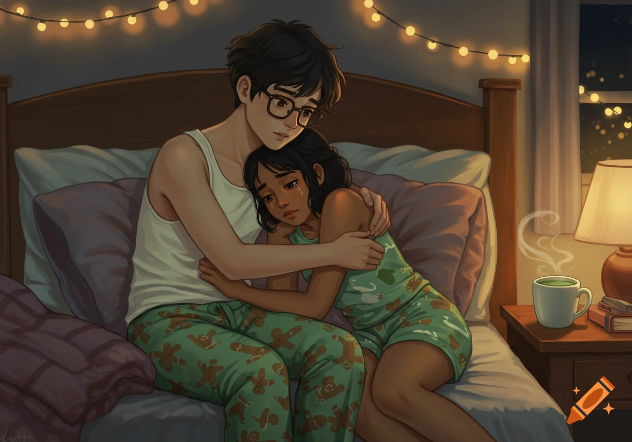 A young couple in Ghibli style sits on a bed, the boy comforting the teary-eyed girl, in a cozy, softly lit bedroom with string lights.
