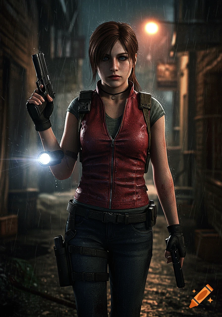 A photorealistic depiction of Claire Redfield from Resident Evil, standing in a rainy alley at night, holding a pistol and a flashlight on her arm.