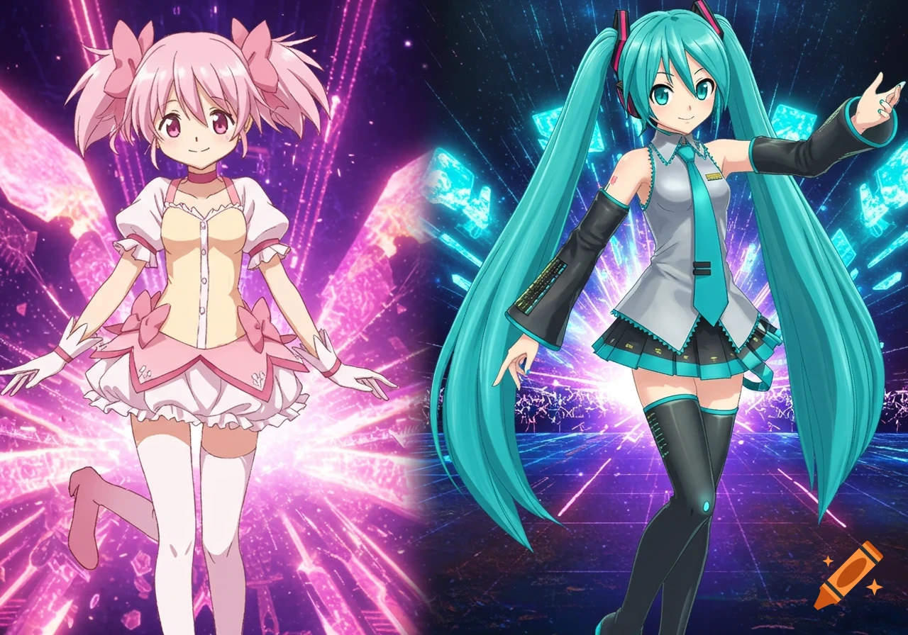 An anime illustration of Madoka Kaname and Hatsune Miku standing against a vibrant, glowing pink and blue background.