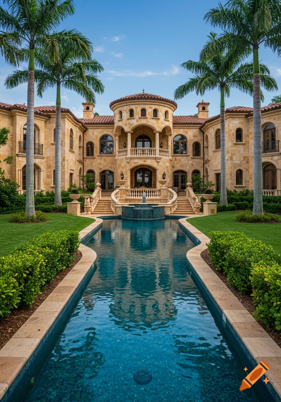 A large, luxurious Mediterranean-style mansion with a long blue pool leading to it, flanked by palm trees.
