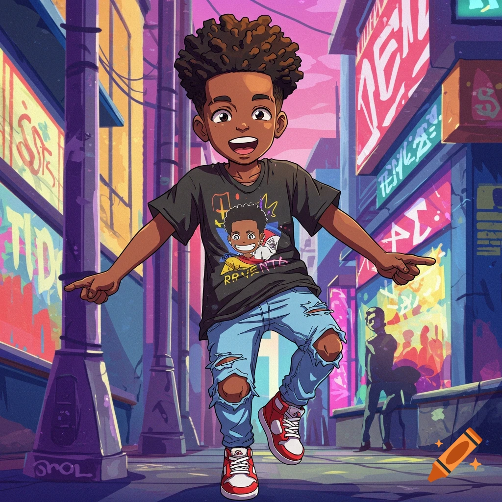 An excited anime boy with curly hair, wearing a black t-shirt and ripped jeans, poses on a vibrant urban street.