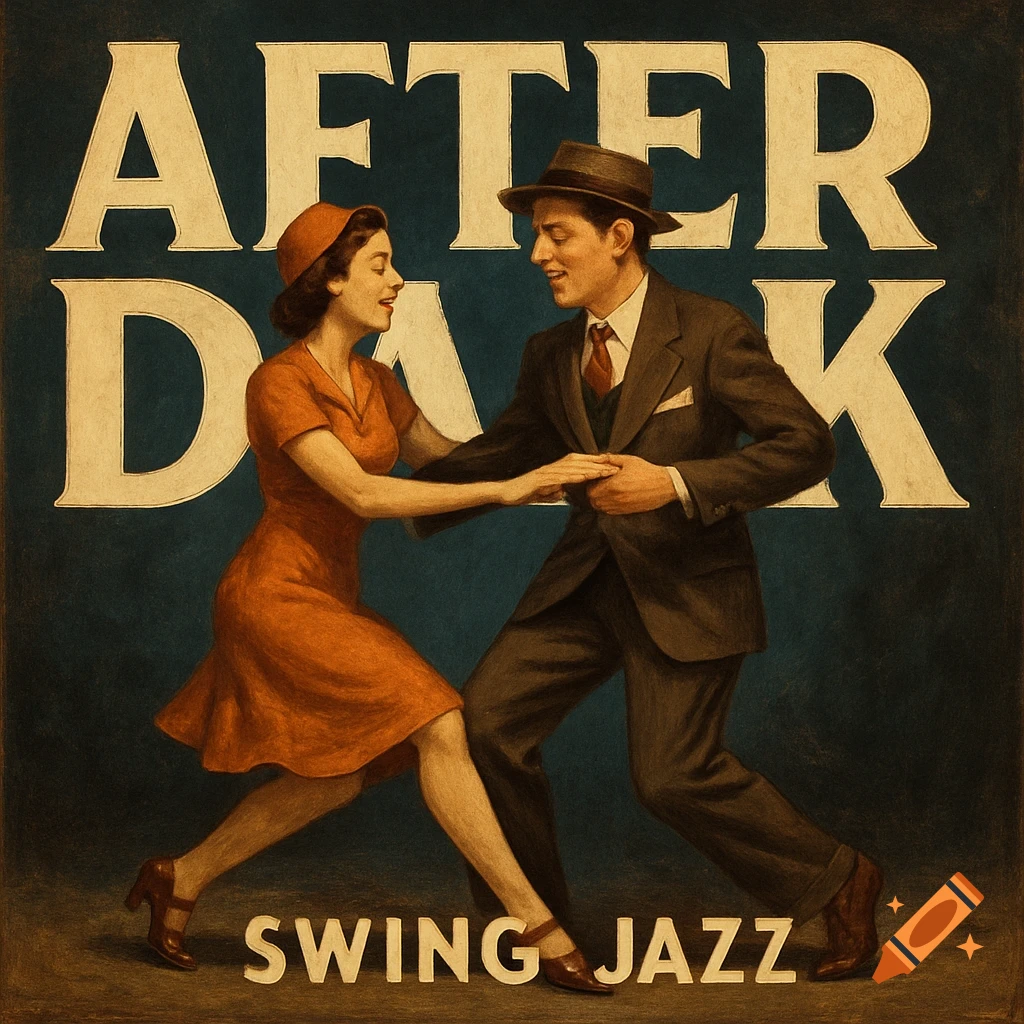 A vintage-style illustration of a couple in 1930s attire dancing, with "AFTER DARK" and "SWING JAZZ" text.