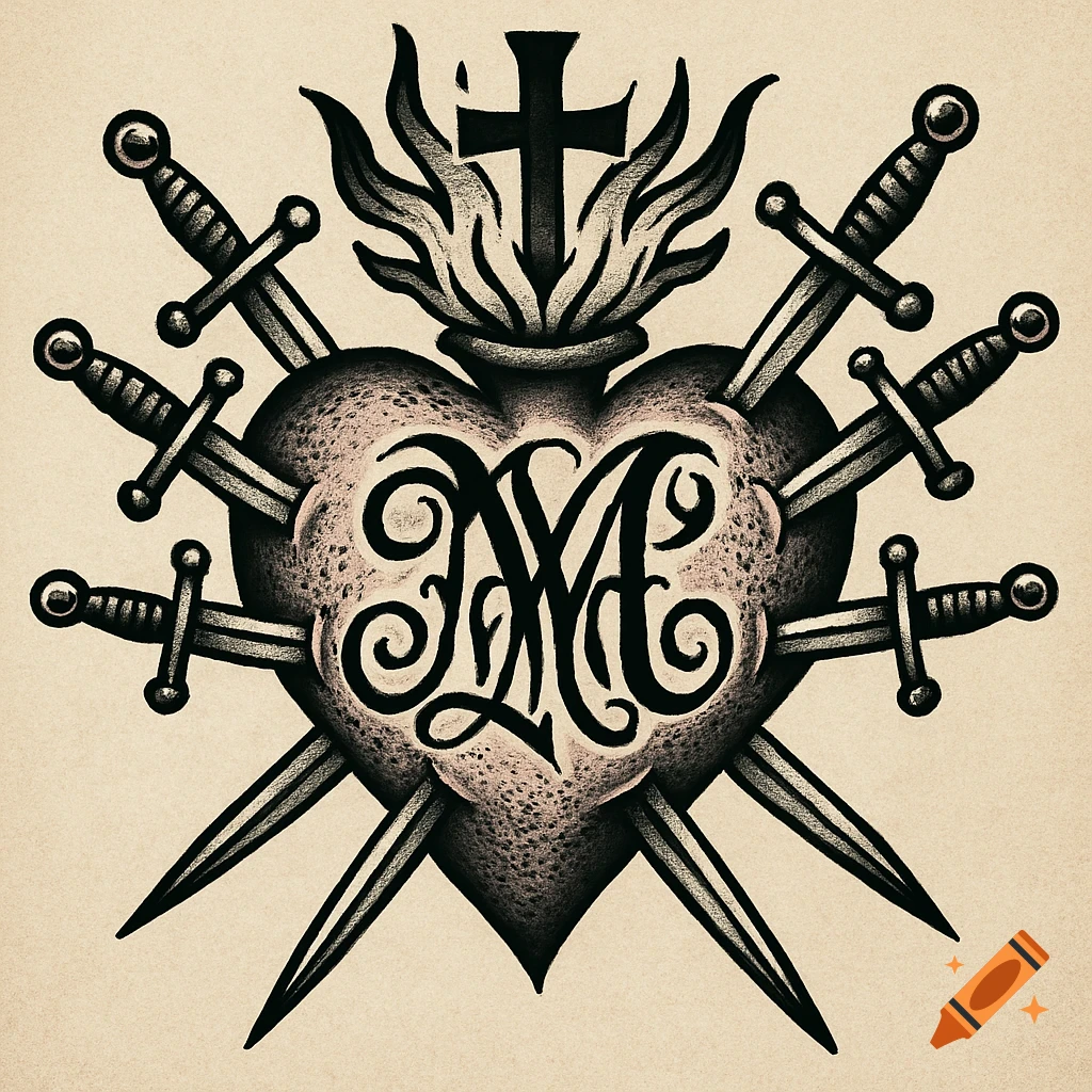 A black, white, pink, and grey sacred heart with seven swords, a cross, and overlapping cursive M's in traditional tattoo style.