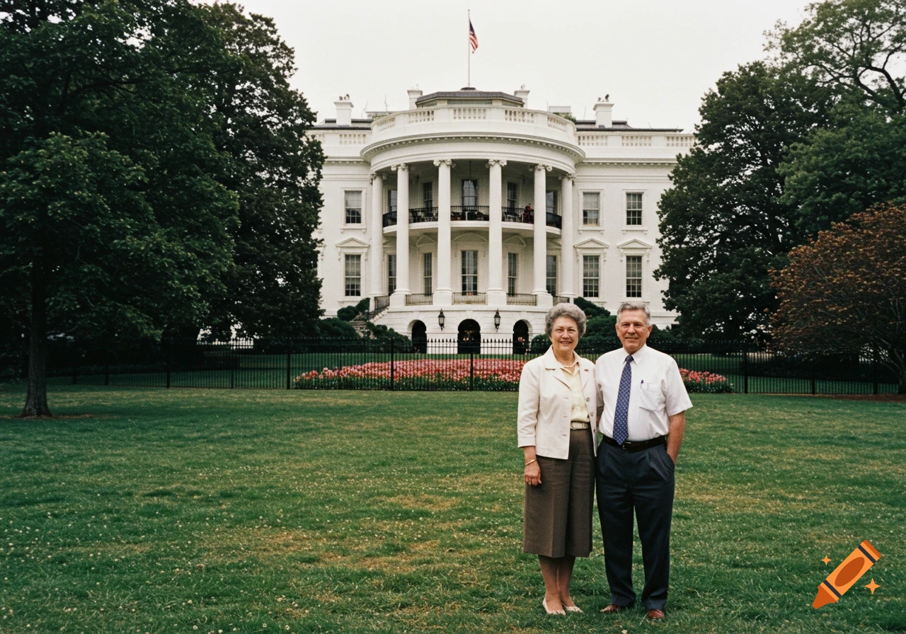 An elderly couple stands smiling in front of the White House on a grassy lawn with colorful flowers.