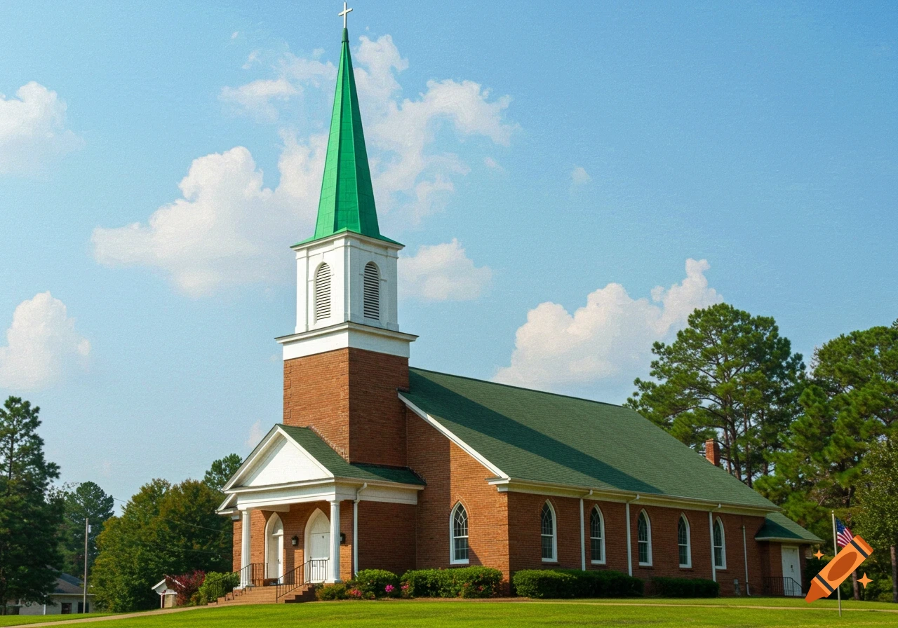 A brick church with a tall green steeple and green roof sits on a grassy hill under a blue sky, surrounded by trees.