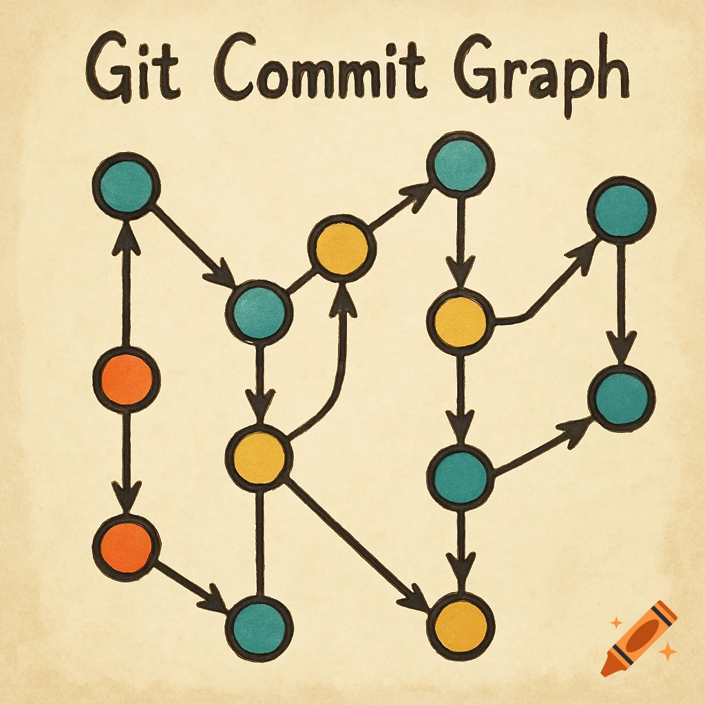 A hand-drawn style diagram of a Git commit graph with teal, yellow, and orange nodes connected by black arrows, on a textured beige background.