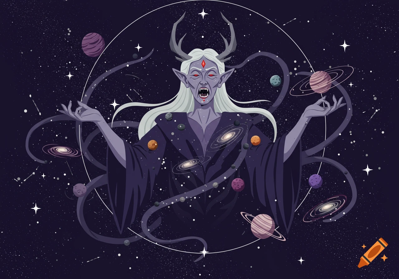 A stylized illustration of a malevolent, horned elder being with long white hair and red eyes, surrounded by planets and galaxies in a cosmic void.