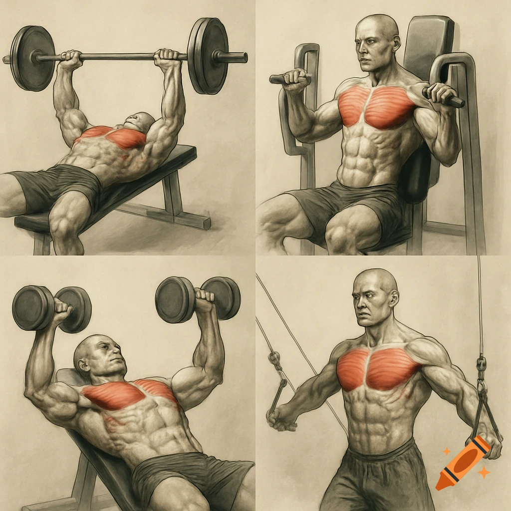 Sepia-toned anatomical illustrations of a man performing four different chest exercises, with highlighted red chest muscles.