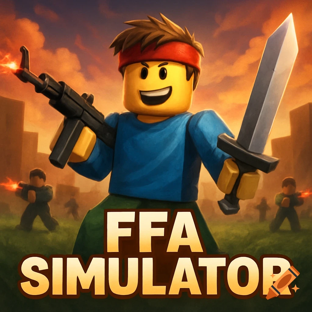 Roblox-style game thumbnail with a character holding a rifle and sword, text reads 'FFA SIMULATOR'.