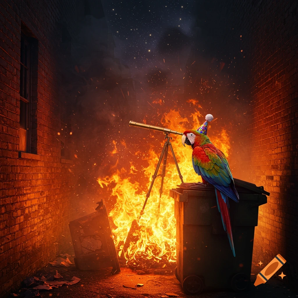 A colorful parrot wearing a party hat sits on a dumpster, looking through a telescope, while a large fire burns in a brick alleyway under a starry night sky.