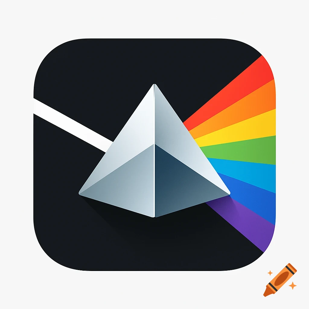 A 2D app logo featuring a silver geometric prism on a dark background refracting a white light beam into a rainbow spectrum.