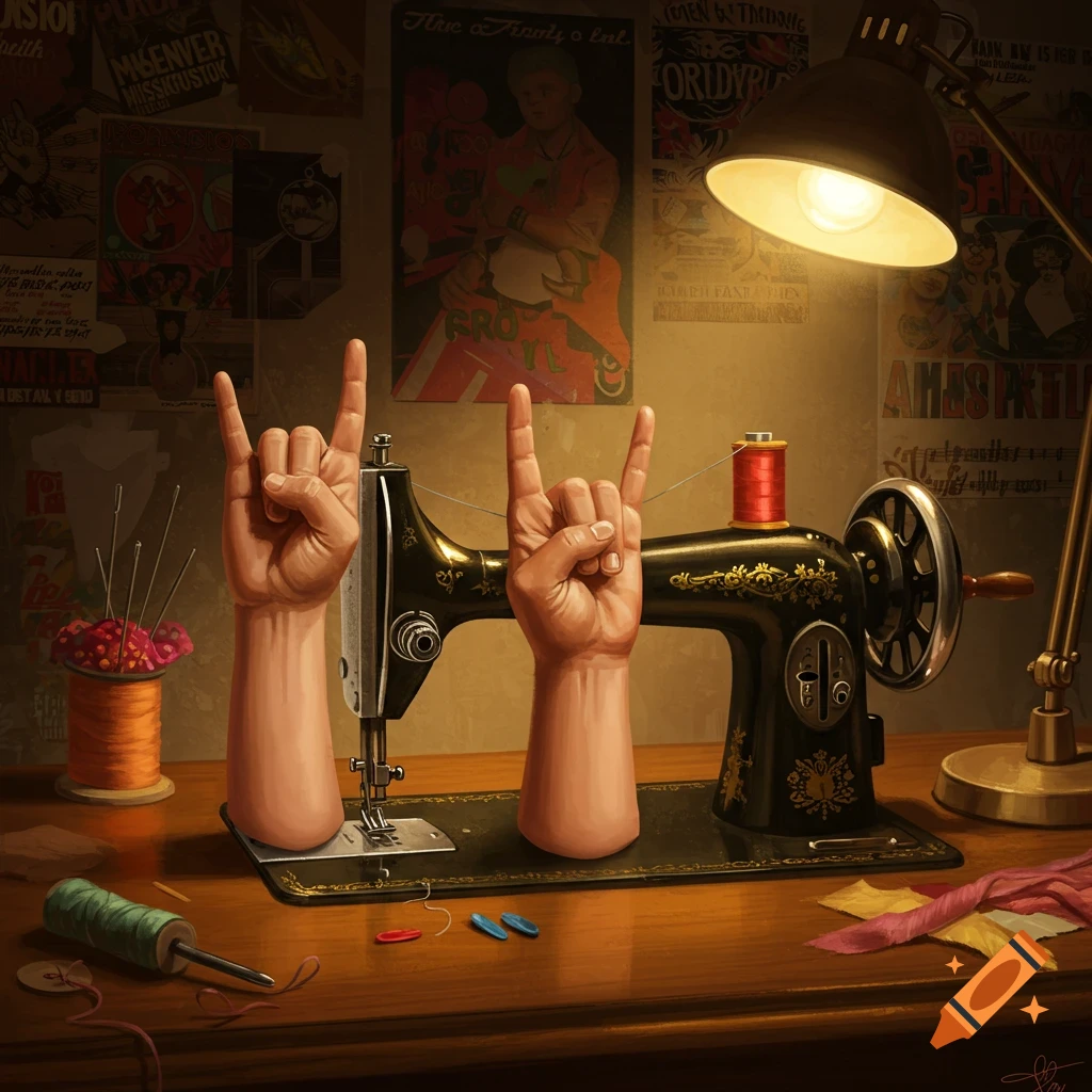 An antique sewing machine with hands making rock symbols, on a desk with sewing supplies against a poster-covered wall.