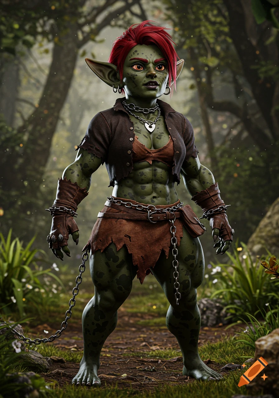 Muscular goblin woman with red hair and green skin, wearing torn clothing and chains, standing in a forest. Photorealistic.