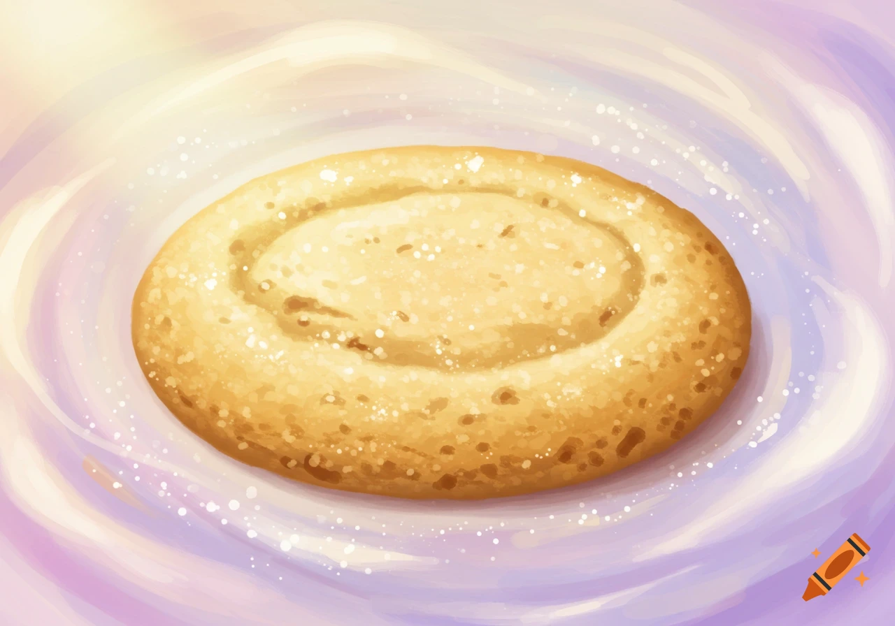 A golden oval cookie with an indented center and sugar sprinkles, set against a soft, swirled purple and yellow background in an illustrative style.