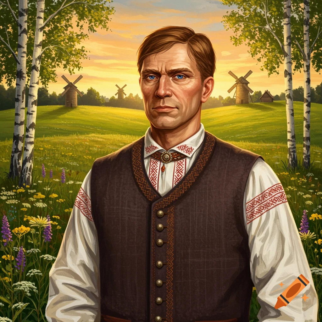 A man in traditional Lithuanian folk attire stands in a vibrant green field with birch trees and windmills under a sunset sky.