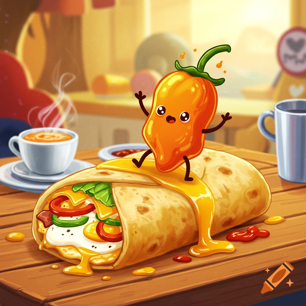A cute, smiling cartoon habanero pepper sits atop a breakfast burrito overflowing with cheese and eggs on a wooden table.
