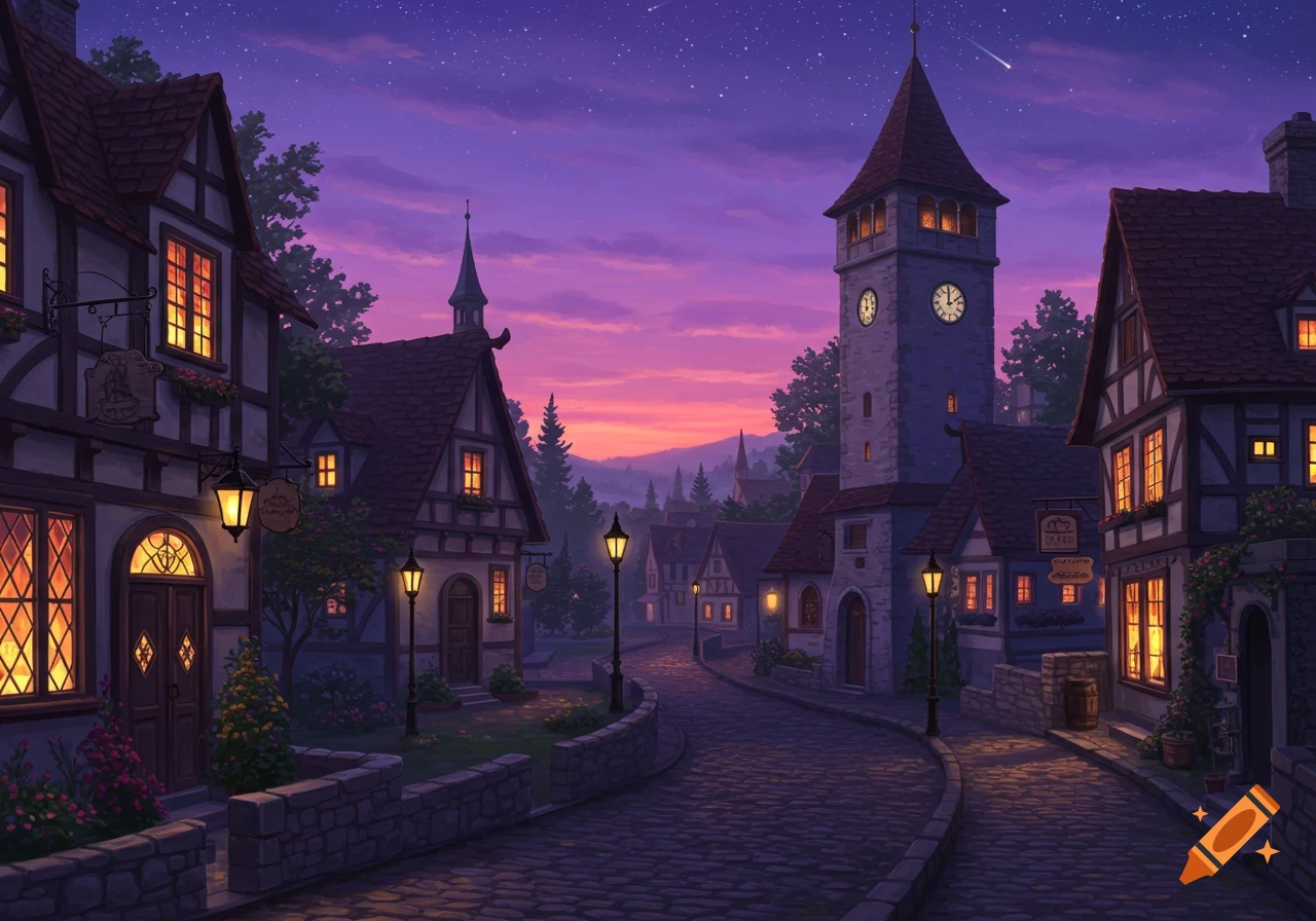 A whimsical storybook village at twilight with illuminated windows, a tall clock tower, and cobblestone streets under a purple starry sky.