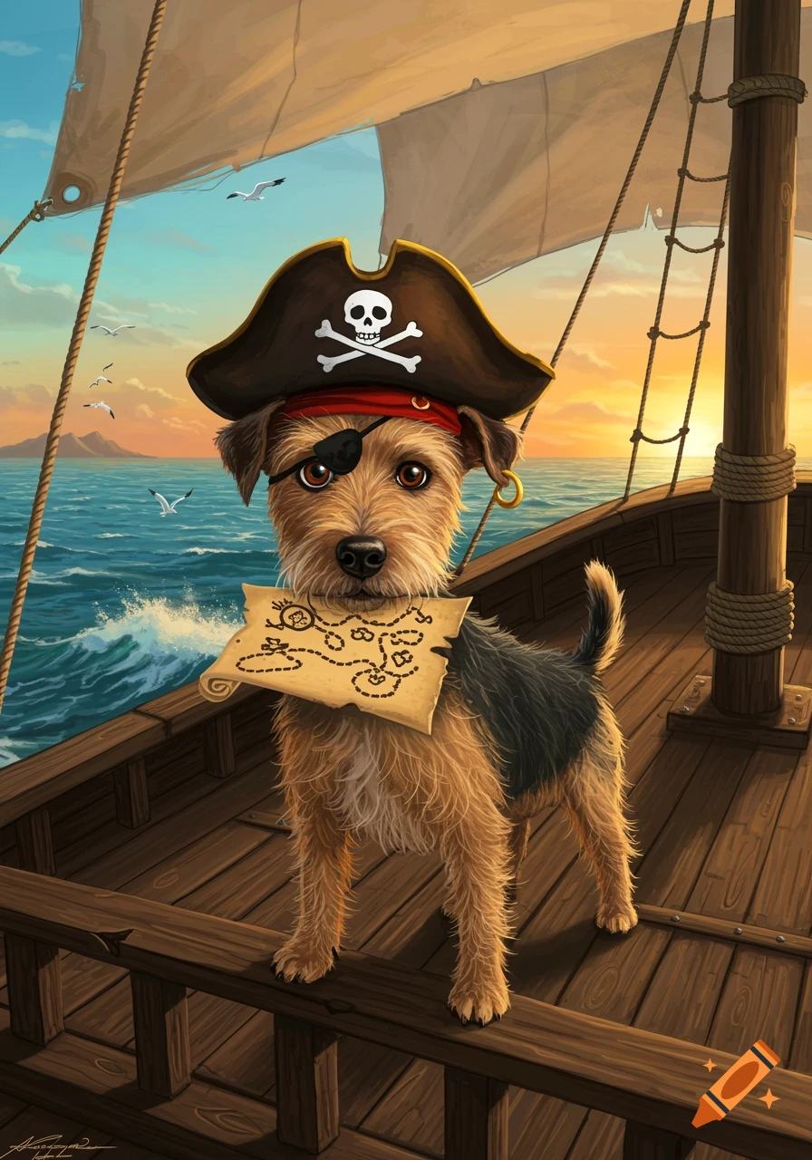 A cute terrier dog dressed as a pirate, complete with a hat, eye patch, and holding a treasure map, standing on the deck of a wooden ship at sunset.