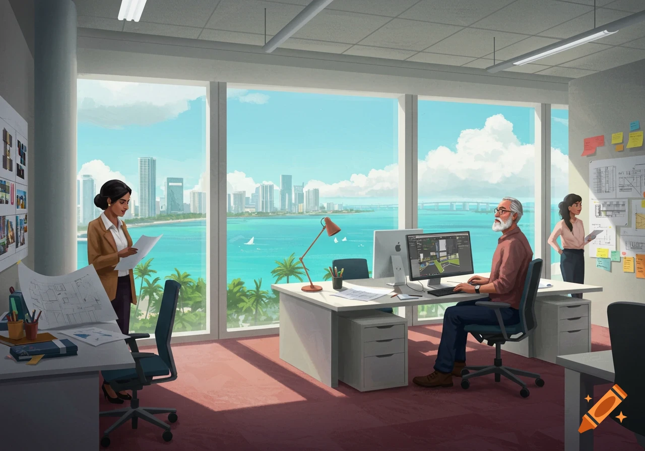 An architectural design office overlooking the Miami skyline and ocean, with people working at desks.