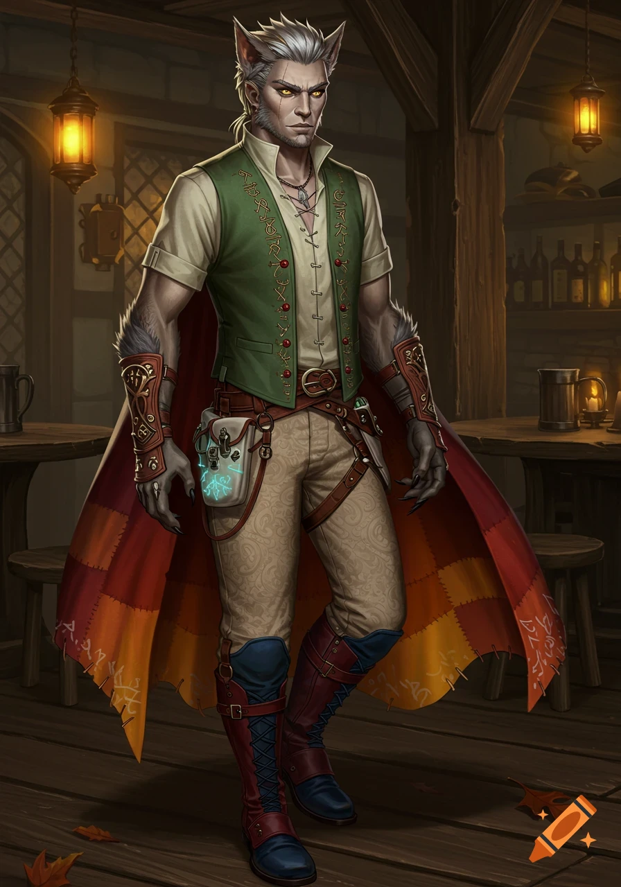 A male werewolf hybrid character with gray hair, yellow eyes, and wolf ears, wearing a green vest, beige pants, and a patchwork cloak, stands in a dimly lit tavern.