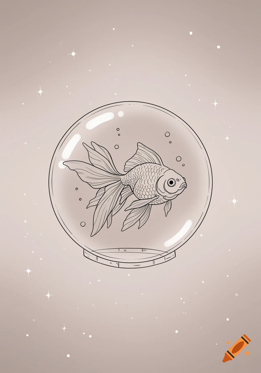 Line art sketch of a goldfish in a round fishbowl with subtle background sparkles.