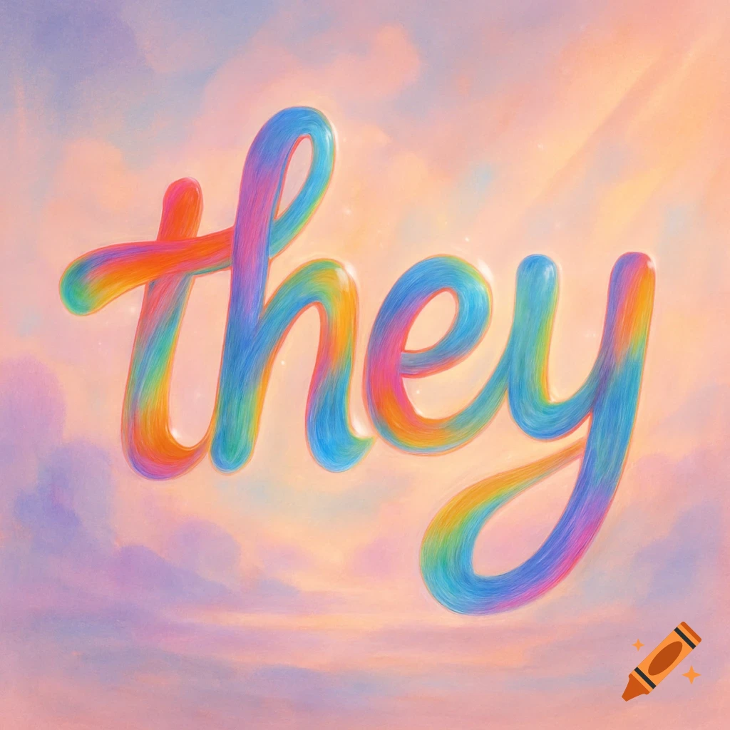 The word 'they' written in colorful, fuzzy, bubble-like script against a soft pastel sky with clouds.