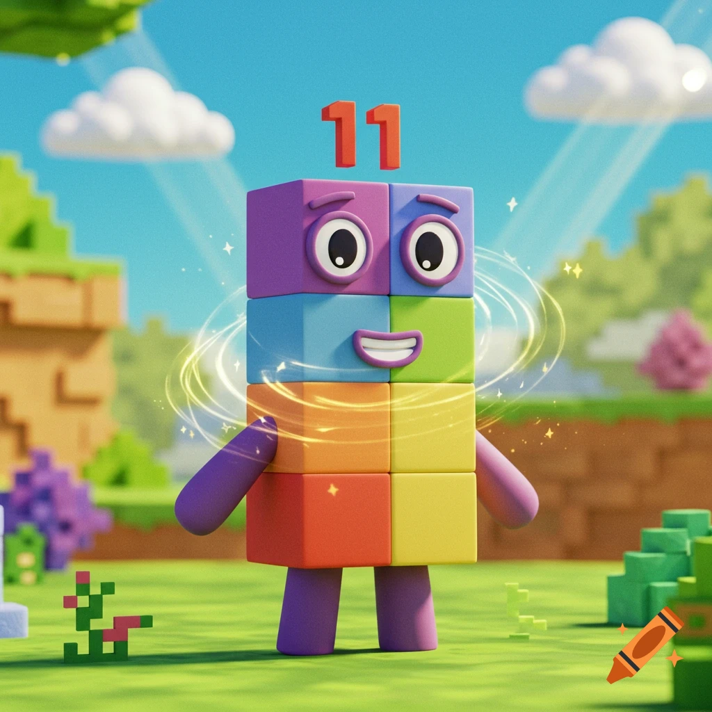 A colorful block character with big eyes and a smile, resembling the number 11, standing in a bright, blocky green landscape.