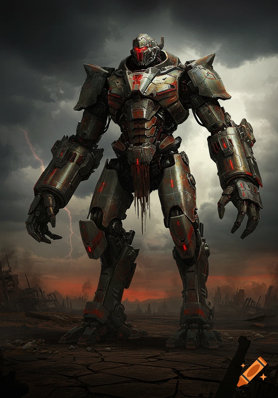 A towering, menacing mechanical tyrant stands in a desolate, post-apocalyptic wasteland under a stormy red sky with lightning.