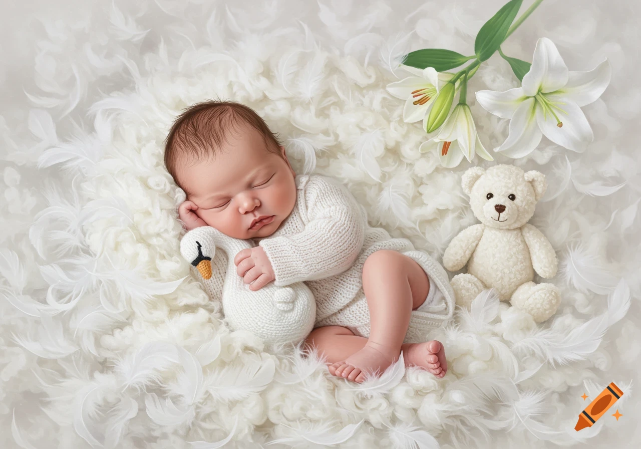 A sleeping newborn baby in a white knit outfit, cuddling a white swan doll on a bed of white feathers, with white lilies and a teddy bear nearby.