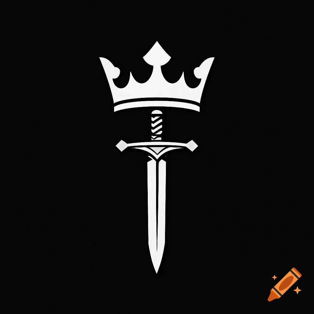 A white logo of a crown placed above a sword against a black background.