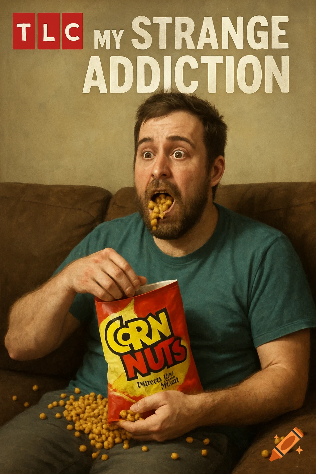 A man on a couch with his mouth full of corn nuts, holding a "Corn Nuts" bag. "TLC My Strange Addiction" title at top.