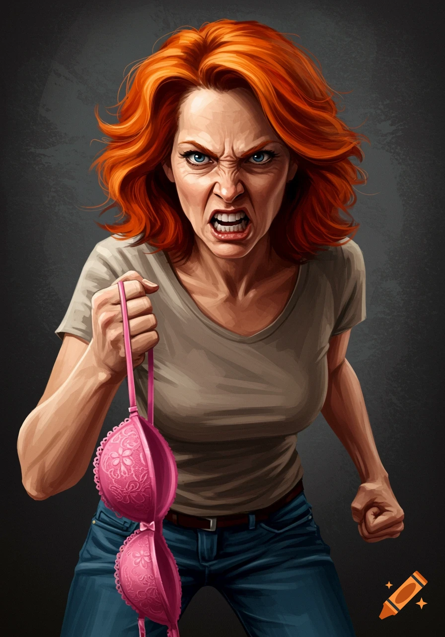 A stylized illustration of an angry red-haired woman grimacing and holding a pink bra.