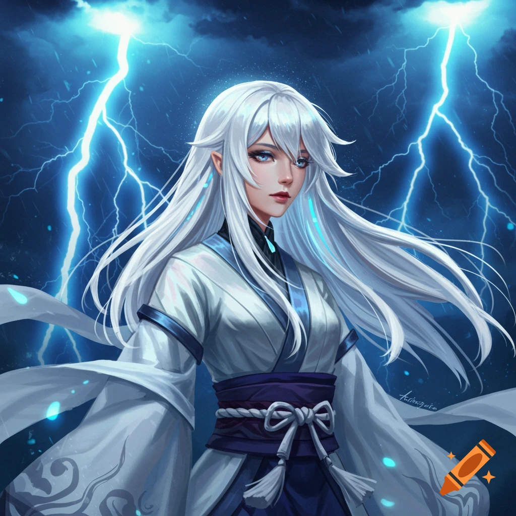 Semi-realistic image of a white-haired woman in a white kimono-style outfit against a stormy sky with blue lightning.
