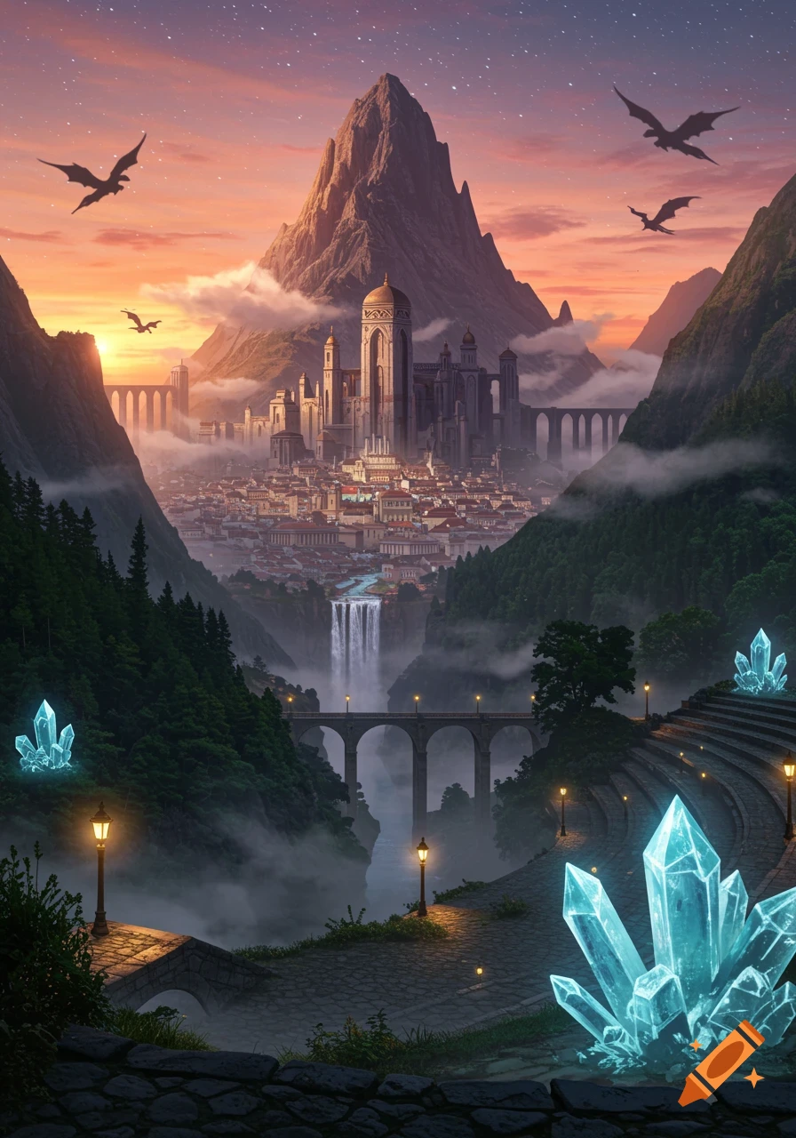 A majestic fantasy city nestled in a mountain valley at sunset, with dragons flying and glowing crystals in the foreground.