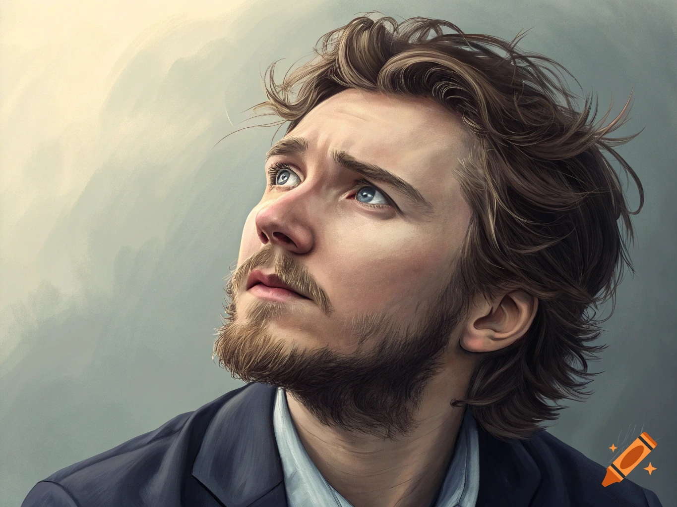 A digital painting portrait of a man with brown hair and a beard looking upwards with a thoughtful expression.