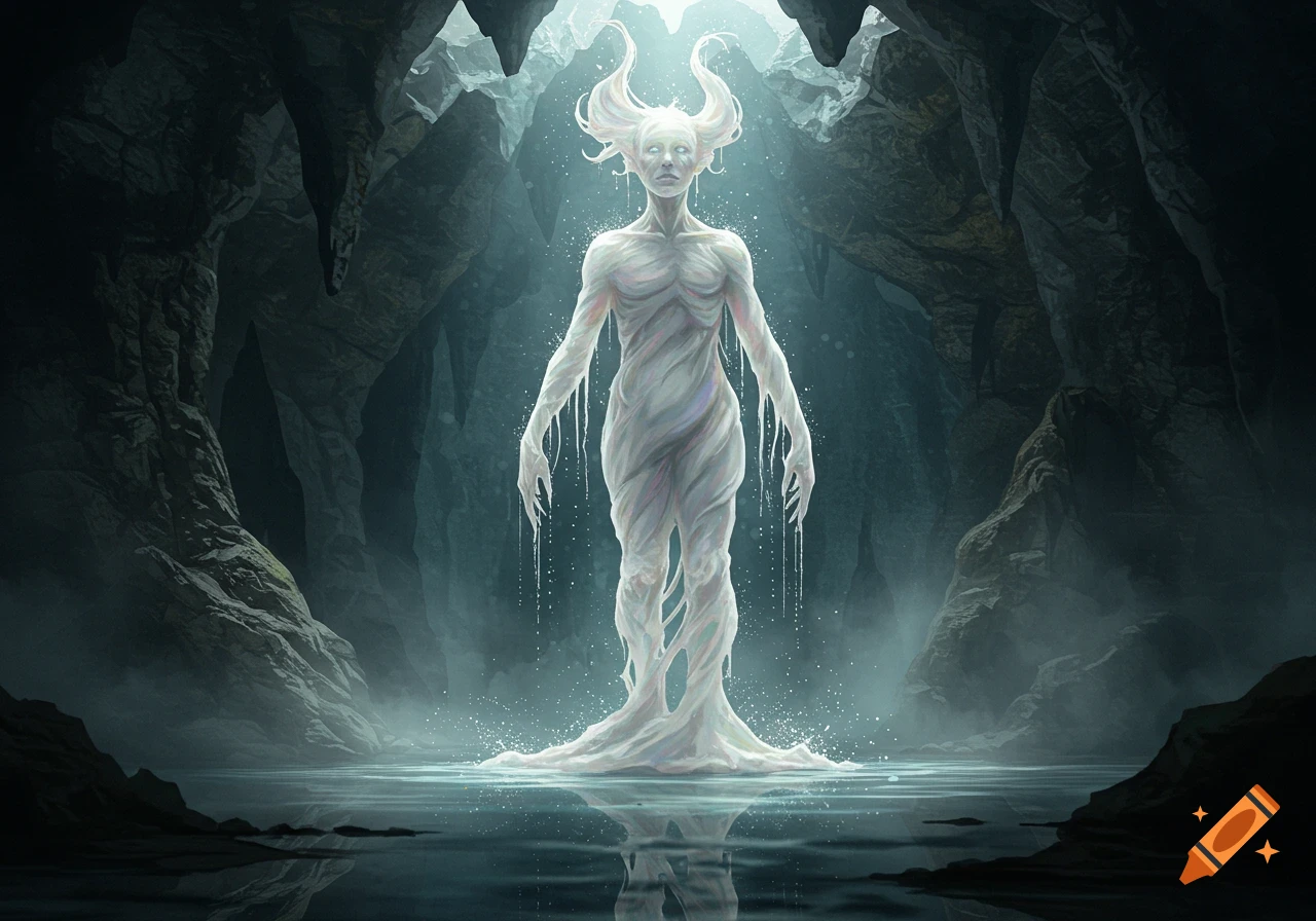 A white, liquidy, human-shaped creature with horns stands in a misty cave with water at its feet, reflecting its form.