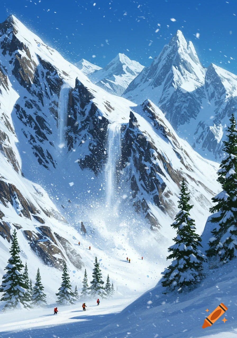 A stylized illustration of a snowy mountain range with skiers descending a slope and a large snow slide.