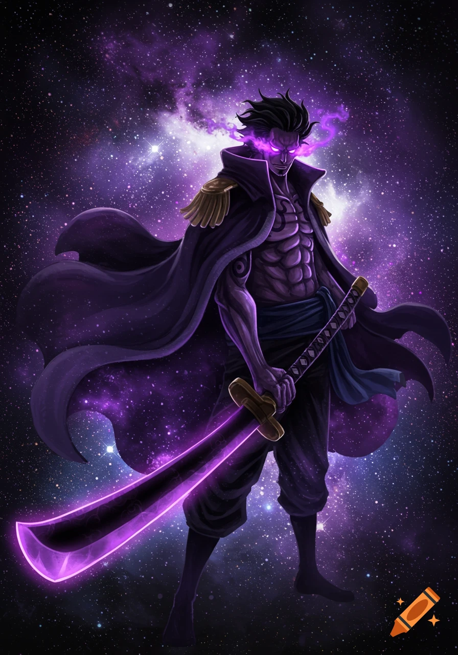 Anime character with glowing purple eyes and a purple katana stands against a vibrant galaxy background.