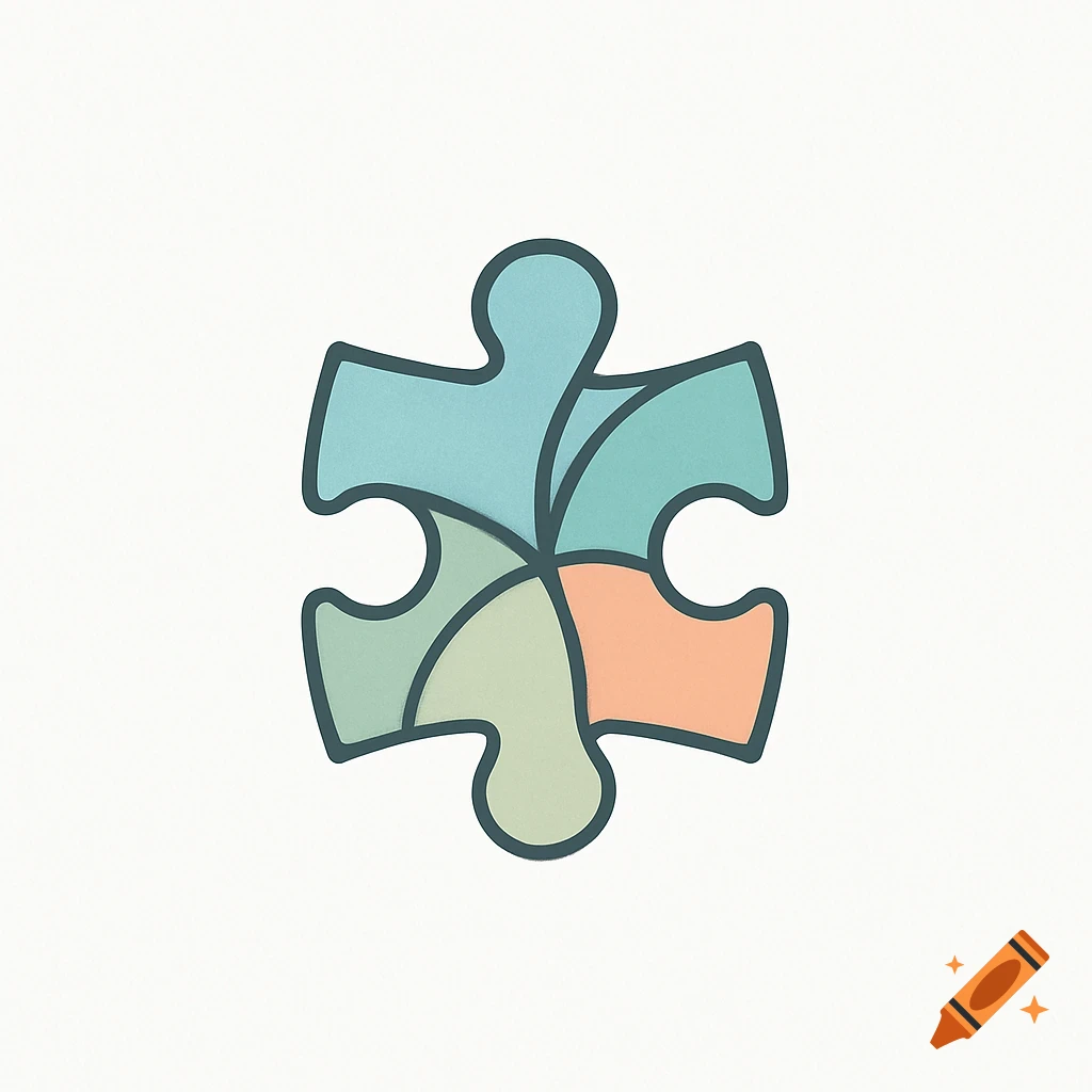 A stylized puzzle piece logo with four pastel colored sections (blue, teal, green, orange) outlined in dark teal on a white background.