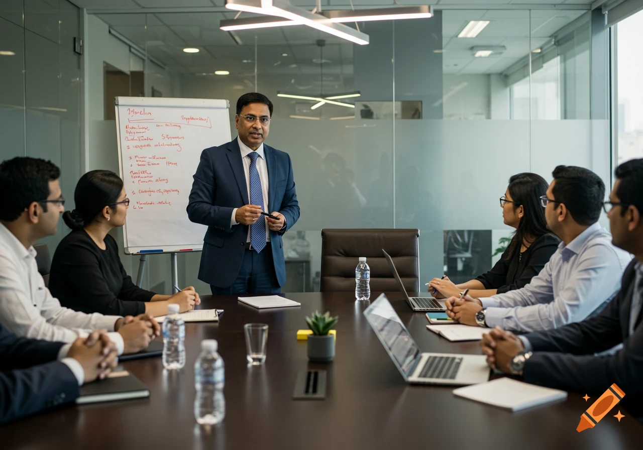 A man in a suit presents to colleagues around a large table in a modern office conference room.