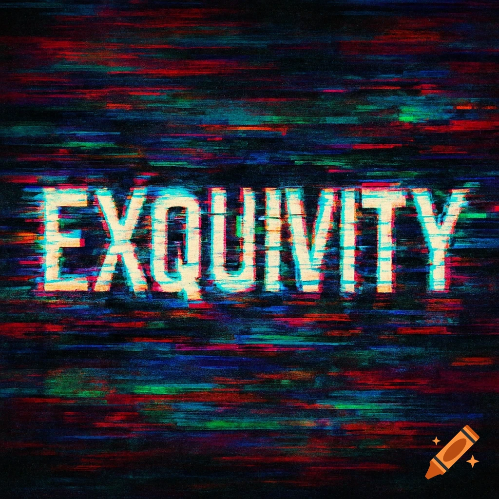 The word "EXQUIVITY" in white capital letters with red, blue, and green glitch effects on a dark, horizontally glitched background.