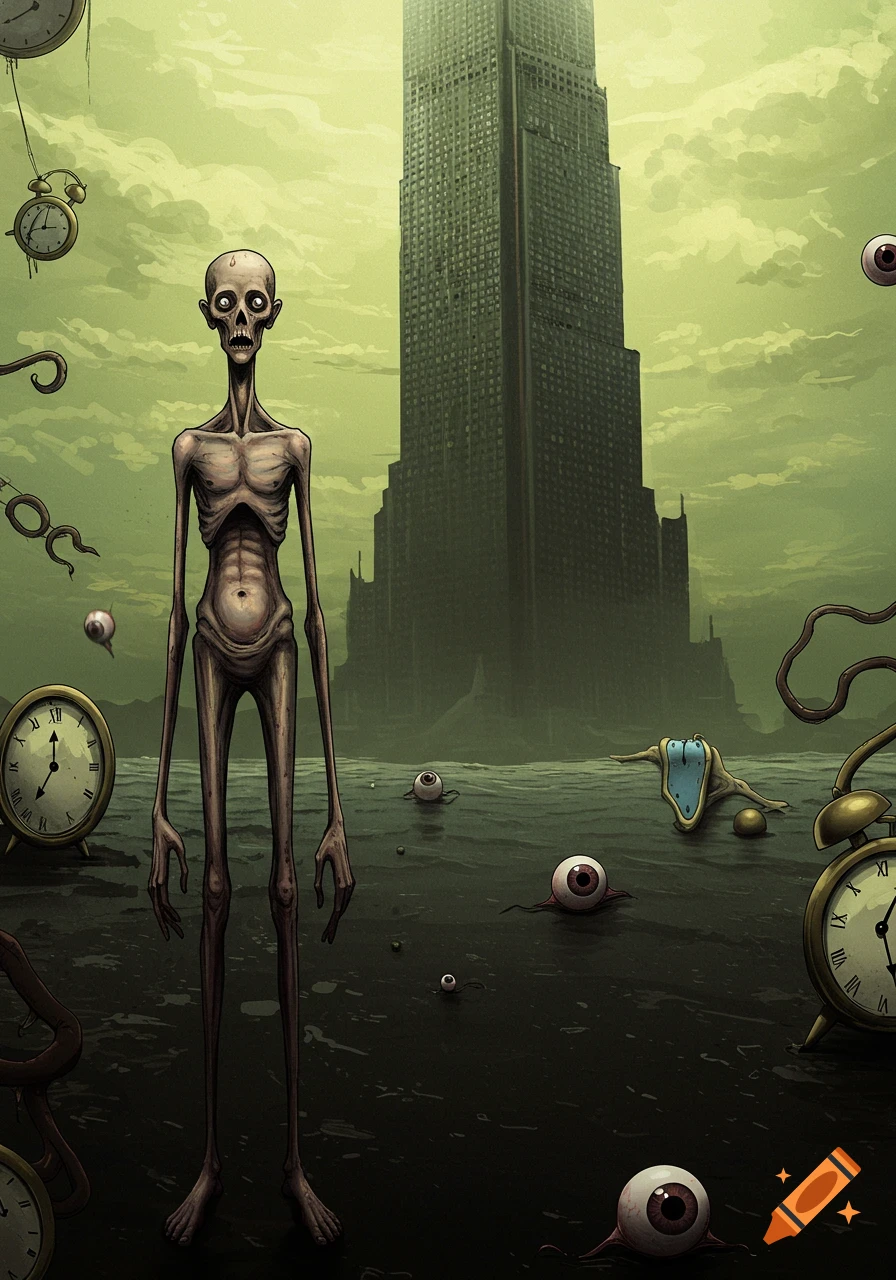A gaunt skeletal figure stands in dark water before a tall building under a green sky, with melting clocks and floating eyeballs in a surreal, creepy illustration.