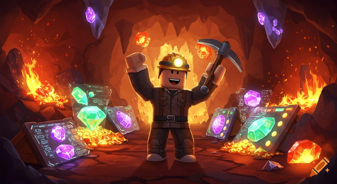 A Roblox-style miner character celebrates in a glowing cave filled with colorful crystals and gold, holding a pickaxe.