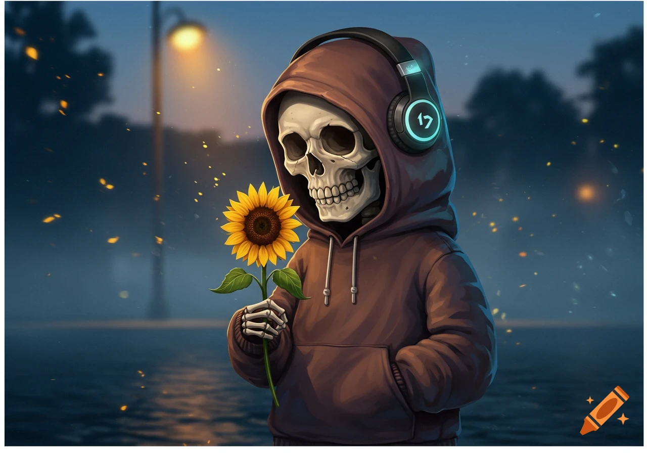 A stylized skull wearing a brown hoodie and headphones, holding a bright yellow sunflower, stands outdoors at dusk near water.