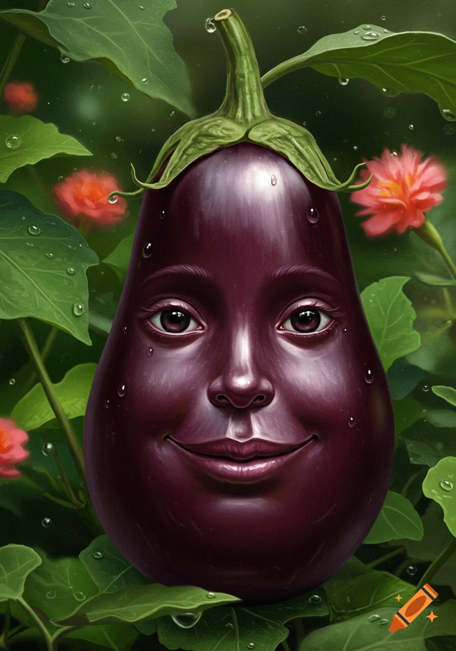 A realistic eggplant with a human face, covered in water droplets, surrounded by green leaves and pink flowers.