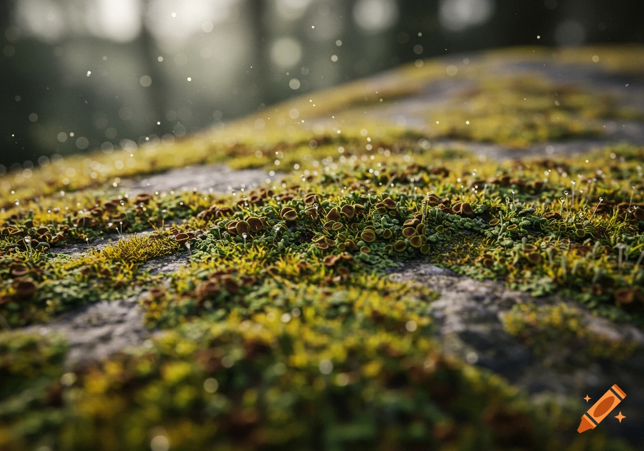 Close-up of green and brown lichen and moss with dew drops on a rock, shallow depth of field, photorealistic.