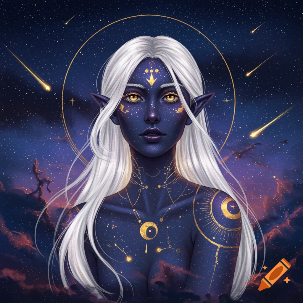 Fantasy portrait of a celestial woman with dark blue skin, white hair, gold eyes, and constellation tattoos, against a starry sky.