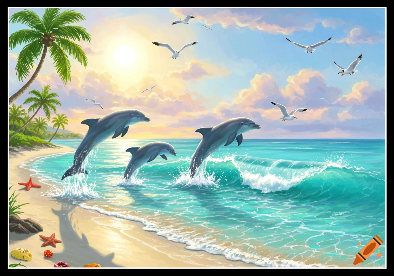 Three dolphins leap out of turquoise ocean waves onto a sunny beach with palm trees and seagulls in a bright, painterly style.